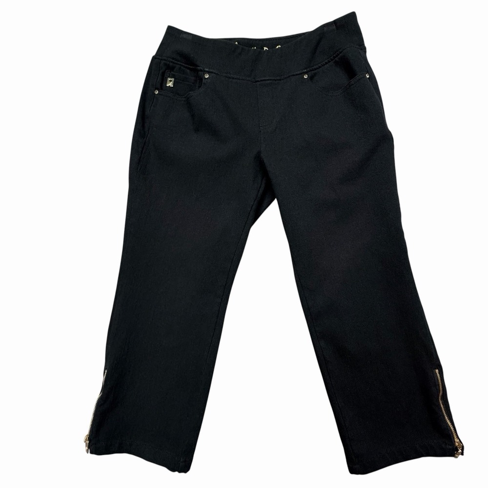 Kim Gravel Belle Black Pull On Capri Pants Women's 12P‎ Gold Zip Hem Stretch